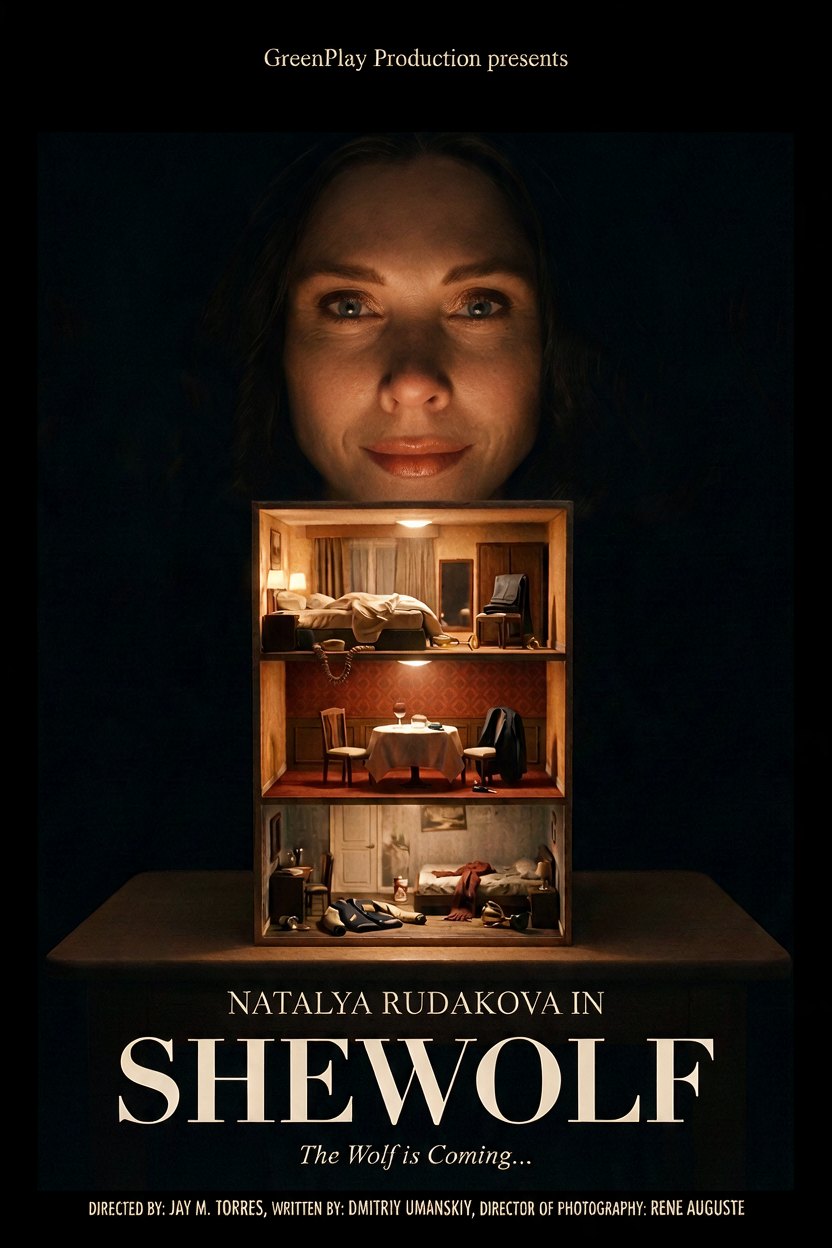 Shewolf poster artwork: a woman gazes over an illuminated miniature house with three rooms.